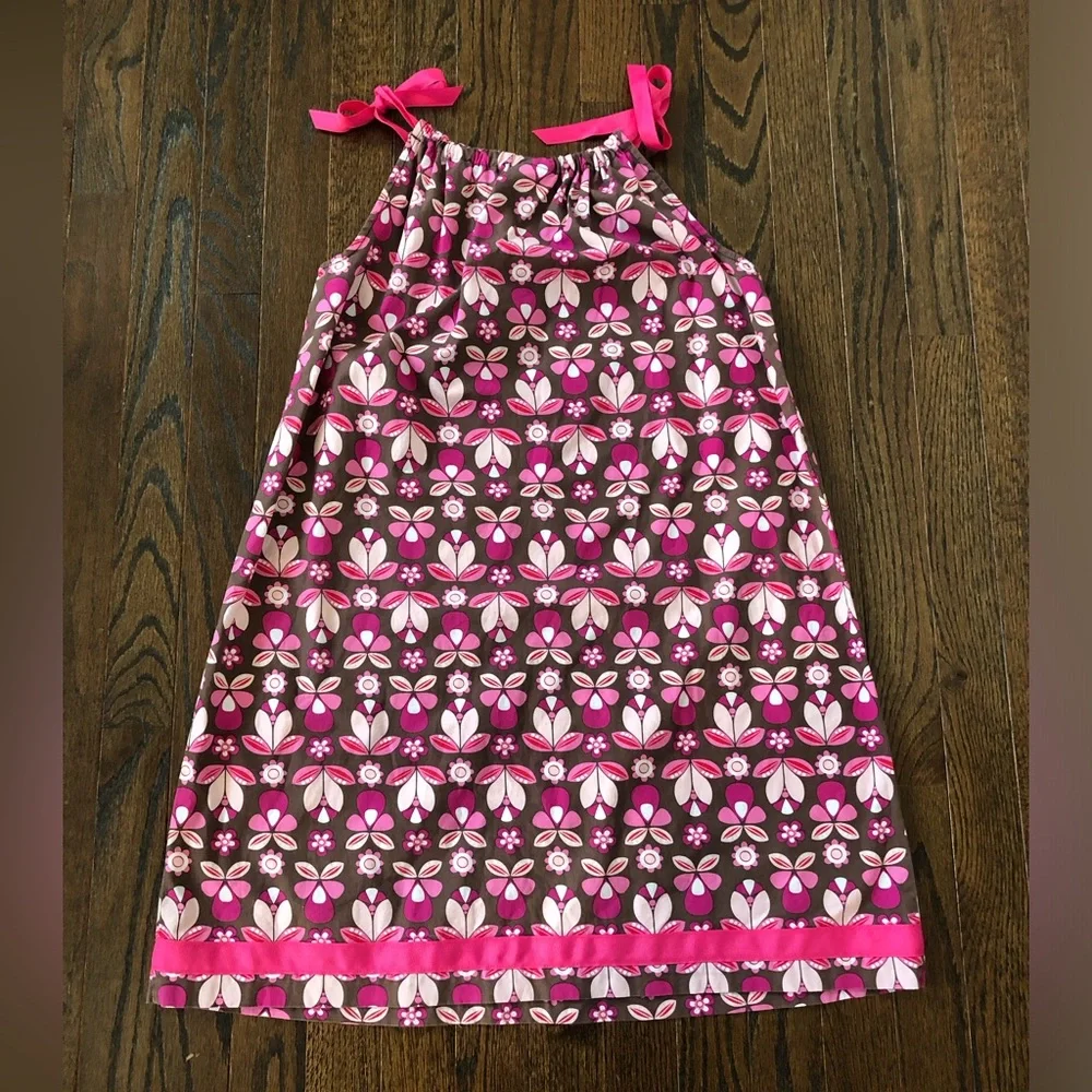 Hanna Andersson Girls 12 (150cm) Brown w/Pink Flowers Ruched Halter Shift Dress - Picture 11 of 11